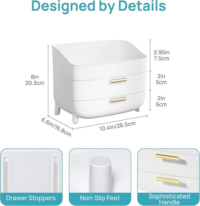 Vtopmart 3-Tier Skincare Makeup Organizer with Drawers, White | For Vanity,Dresser and Bathroom Countertop, Large Cosmetic Storage Box Case, , With Drawer, Non-Slip Base
