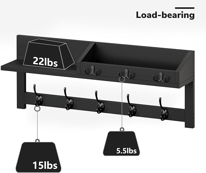 AMBIRD Wall Hooks with Shelf, 26.57 Inch Entryway Wood Coat Hooks for Wall, Coat Rack Wall Mount Rack with 5 Dual Hooks 3 Key Hooks Mail Organizer and Key Rack Key Holder (Black)