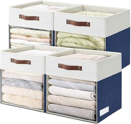 Storage Cubes, 4 Pack Linen Foldable Storage Bins (13 x 13 inch) with Clear Window and Handles, Fabric Organizer for Shelf Closet, Clothes, Books - (Navy Blue and White)