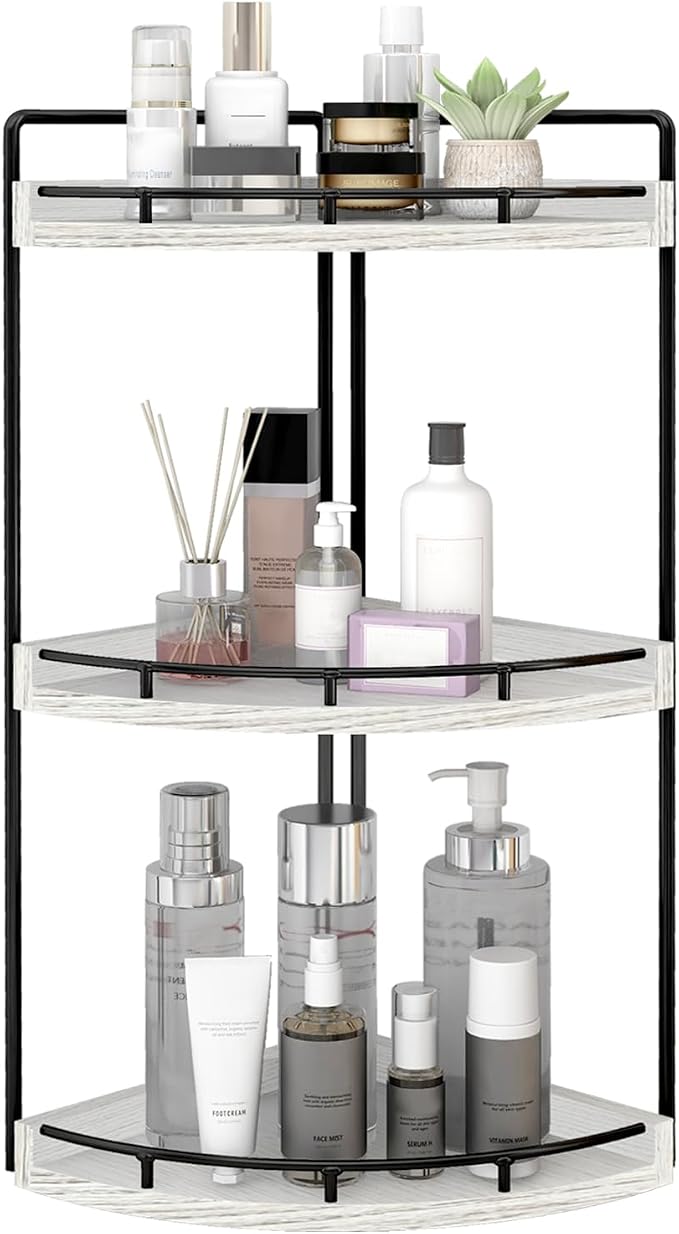 Dorhors Corner Bathroom Organizer Countertop,Vanity Counter Storage Shelf | 3 Tier Rustic White Stand Rack Holder for Kitchen,Dresser,Restroom,Wood Bathroom Sink Tray for Makeup,Perfume,Skincare,Lotion