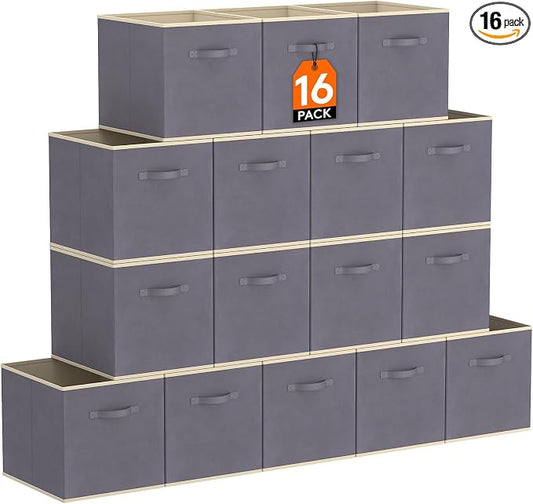 Lifewit Storage Cubes, Foldable Decorative Fabric Storage Baskets for Organizing Home Organizers with Handles for Shelves, Closet, 11 Inch Bins, 18L Gray, 16 Packs