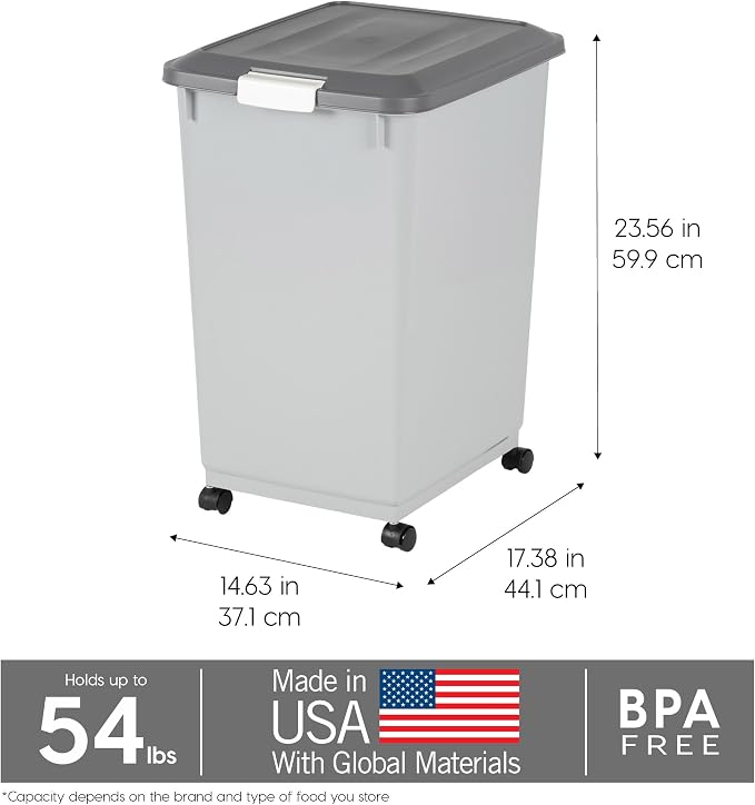 IRIS USA Dog Food Storage Container 54 lbs, 2-Pack with Wheels, Airtight Lid, 2-Cup Scoop, Double Pet Food Storage, Built in Scoop Storage in Lid, Versatile Pet Food Bin, Portable, Gray/Dark Gray