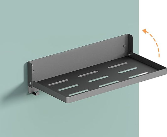 Small Folding Metal Shelf with Hooks, Fold-up Wall Shelf, 6 Hooks, Drop Down Floating Shelf for Laundry Room, Kitchen, RV, Toilet Room, Garage, Utility, Black（11.8", 1 Pack）