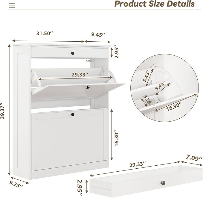 FTZxHKLX Shoe Cabinet, Hidden Shoe Storage Cabinet with 2 Flip Drawers | Wooden Shoe Rack with Adjustable Shelf, Modern Freestanding Shoe Rack Organizer for Entryway, Hallway, Living Room, White