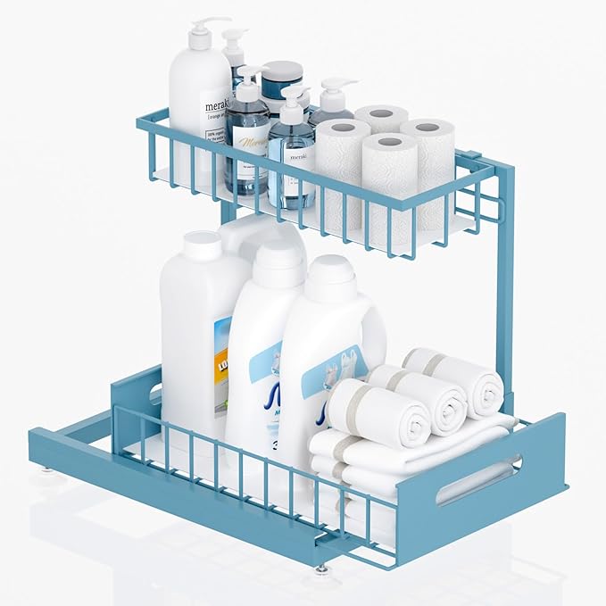 Saydear L-Shaped Under Sink Organizer, 2-Tier Pull-out Cabinet Rack 1-Pack | Teal Height-Adjustable Steel Rack, Sliding Grid Drawers with PP Liners, Holds 100 Lbs, Suction Base, Ideal Kitchen Storage