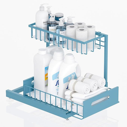 Saydear L-Shaped Under Sink Organizer, 2-Tier Pull-out Cabinet Rack 1-Pack | Teal Height-Adjustable Steel Rack, Sliding Grid Drawers with PP Liners, Holds 100 Lbs, Suction Base, Ideal Kitchen Storage