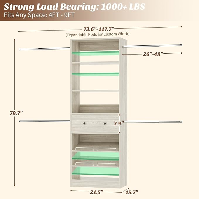 Wood Closet Organizer System - 4FT-9FT Expandable Wardrobe Closet with Drawer & 4 Hanging Rods, Heavy Duty Walk-in Closet 1000Lbs for Bedroom Walk-in Closet, White Oak