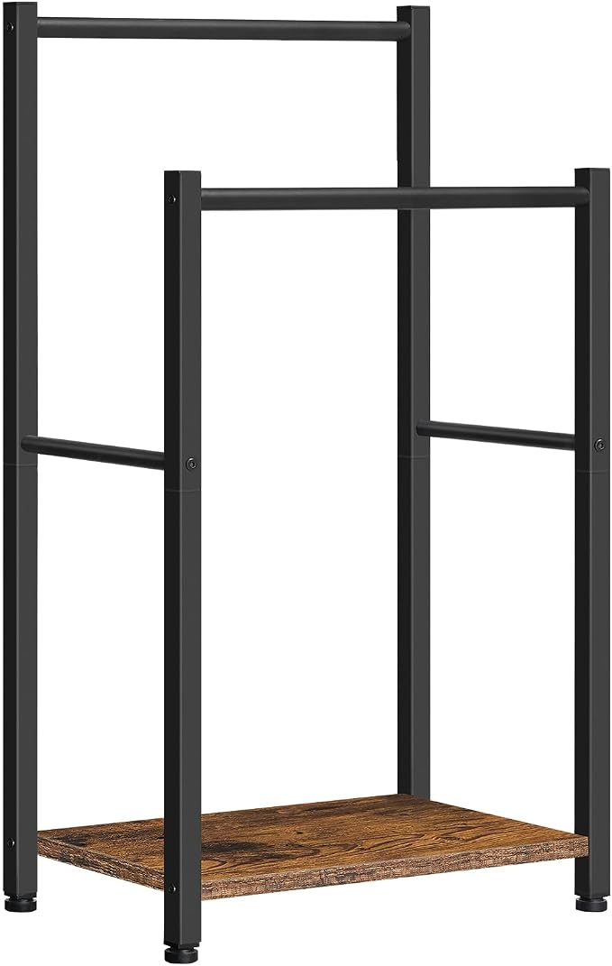 HOOBRO Free Standing Towel Rack for Bathroom, 2 Tier Blanket Rack, 16.5" L x 9.4" W x 31.5" H, Blanket Holder, Drying and Display Rack with Shelf, Rustic Brown and Black BF02LB01
