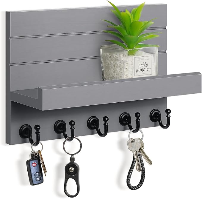 HONJIN Key and Mail Holder for Wall: Rustic Key Hanger Key Rack Organizer with 5 Sturdy Key Hooks for Entryway Bedroom Kitchen House Decor (Grey)