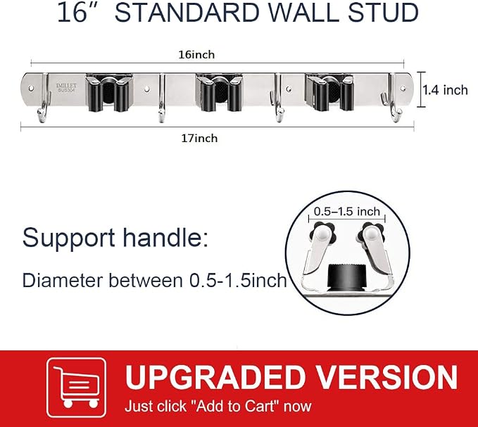 IMILLET Broom Holder Wall Mount Stainless Steel Mop Organizer | 5 Racks 4 Hooks Heavy Duty Garage Organization Storage,Broom and Mop Organizer Wall Hanging Self Adhesive for Laundry Room