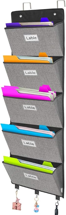Over the Door File Organizer, Wall Hanging File Folders with 5 Large Pocket for Mails, Magazines, Back to School Supplies,Office Chart Storage, Paper Organization (Grey)