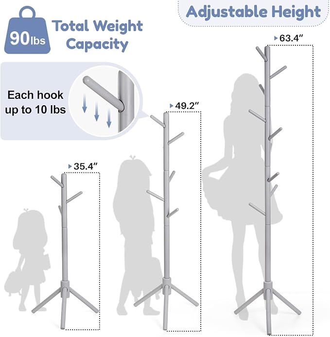 Cozivolife Kid's Coat Rack Stand: Height Adjustable with 9 Hooks (Grey) | Beech Wood Coats Tree for Cloth Hats and Handbags - Freestanding Child Clothes Racks for Hallway Entryway Bedroom