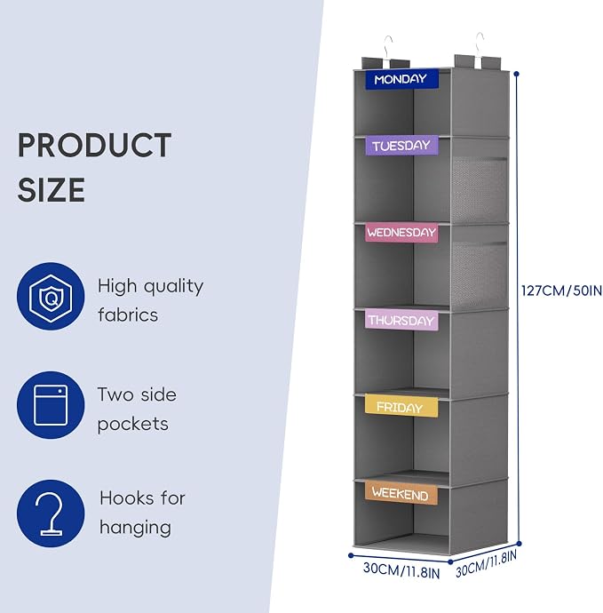 Weekly Hanging Closet Organizer for Kids, 6-Shelf Clothes Storage with Labeled Days of The Week Monday Through Friday, Weekday and Weekend, Days of The Week Clothes Organizer