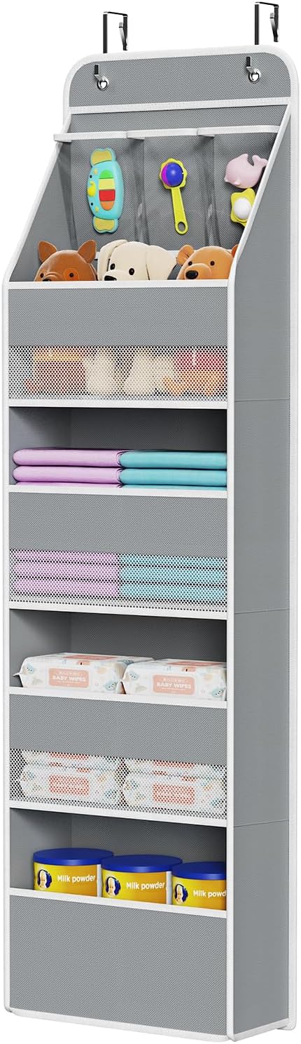 Univivi Fabric Over Door Hanging Organizer for Baby Nursery, Grey, 5-Shelf | Door Storage with Large Capacity Breathable Mesh Pockets, Closet Organizers and Storage for Baby Essential, Bedroom and Dorm