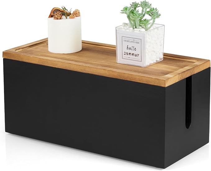 Bivvclaz Cable Management Box Medium, Wooden Cord Organizer Box for Desk, Floor, Office to Hide Extension Cords Power Stripes Surge Protectors Chargers Wires, Black
