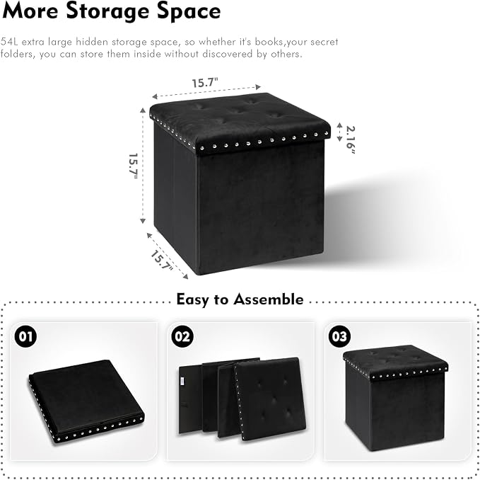 B FSOBEIIALEO Storage-Ottoman Cube-Folding Tufted - Ottomans with Storage, Coffee Table Top Cover, Storage Boxes Footrest Stool for Bedroom, Luxury Velvet Fabric 15.7 Inches Black
