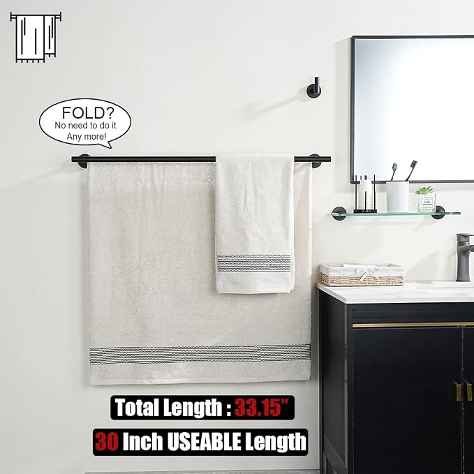 JQK Double Bath Towel Bar, Matte Black 33 Inch 304 Stainless Steel Thicken 0.8mm Towel Rack for Bathroom, Towel Holder Wall Mount, Useable Length 30 Inch 2 Pack, TB100L30-PB-P2