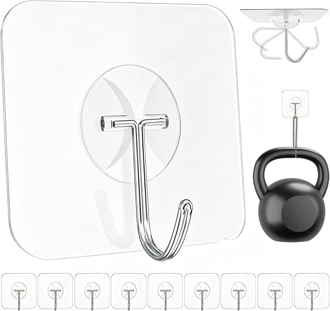 Latoxcaa Heavy Duty Adhesive Wall Hooks - Strong & Transparent, Hold up to 22lb, Waterproof & Reusable, Ideal for Kitchen, Bathroom, and Office (10 Pack)