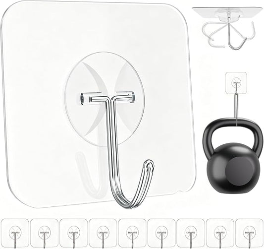 Latoxcaa Heavy Duty Adhesive Wall Hooks - Strong & Transparent, Hold up to 22lb, Waterproof & Reusable, Ideal for Kitchen, Bathroom, and Office (10 Pack)