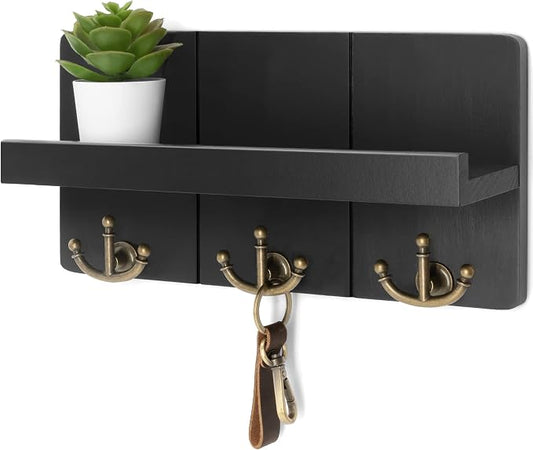 Rebee Vision Key Holder Wall Mount with 3 Hooks for Entryway, Modern Black | Key Holder for Wall, Floating Shelf, Plant Display, Mail Organizer, Rustic Key Hanger, Decorative Storage, Home Decor Accent