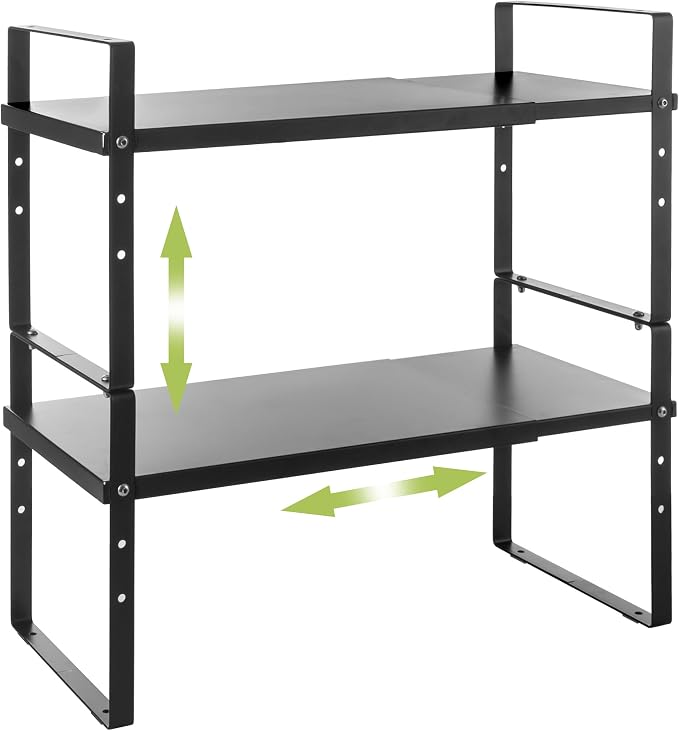 Across-Star Expandable Cabinet Shelf Organizer Rack, Stackable Kitchen Counter Storage Shelves Stand, Adjustable Height Pantry Shelf Spice Rack (Black, 2 Pack)