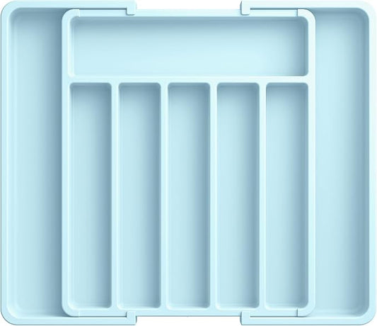 Aujen Silverware Drawer Organizer, Adjustable Utensil Cutlery Tray | Expandable Kitchen Organizer for Forks Knives, Multipurpose Kitchen Storage, Apartment Essentials, Blue, Large