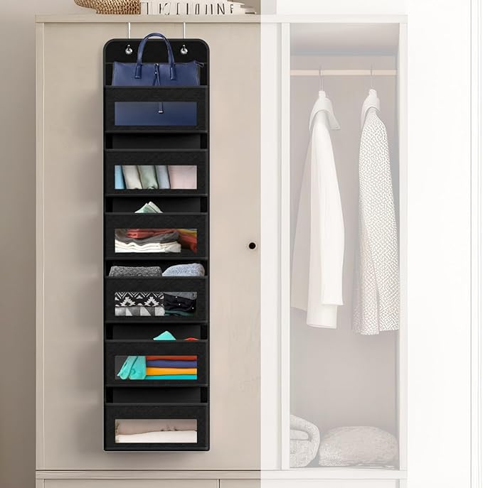 Simple Houseware 6 Clear Window Pocket Over Door Hanging Organizer, Black | Over the Door Storage for Closet, Bedroom, Bathroom, Pantry