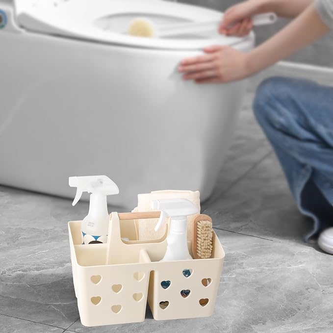 Portable Shower Caddy Plastic Shower Basket Organizer with Handle, Beige | Divided Bathroom Caddy Storage Cleanning Caddy Tote for College, Dorm Room, Kitchen