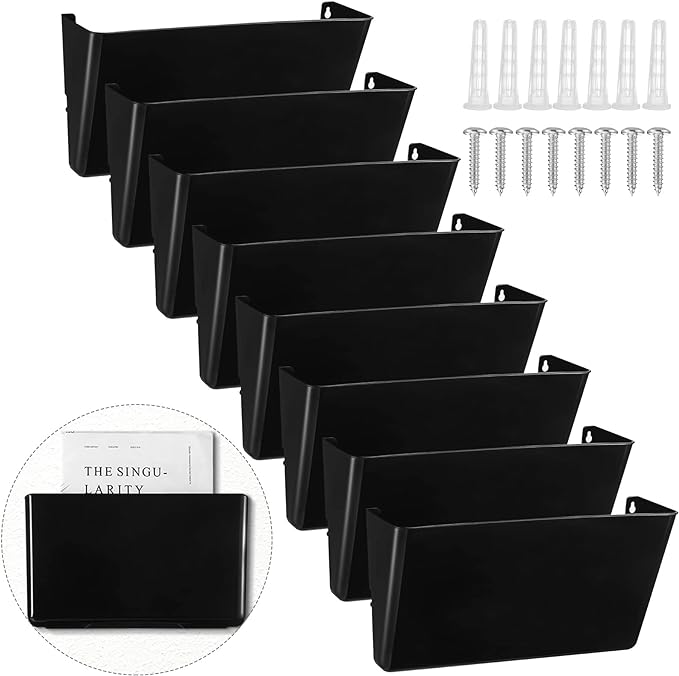 Colarr 8 Pcs Wall File Holder Organizer Plastic Wall Mount Mail Organizer with Screws Single Pocket Hanging Folder Paper Magazine Holder for Walls Office Home Classroom(Black)