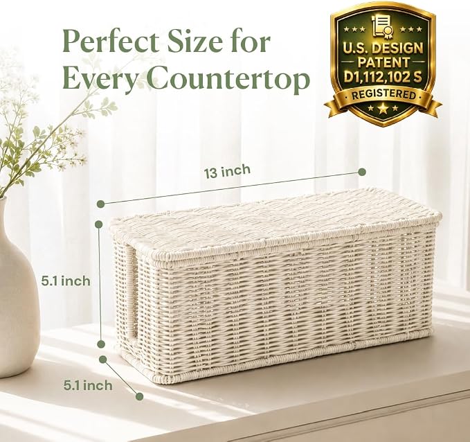 Cable Management Box, Handmade Rattan Cable Organizer with 2 Open Slots, Cord Hider for Power Strip, Router & USB Hub, Registered U.S. Design Patent (D1,112,102), 13" x 5.1" x 5.1", White
