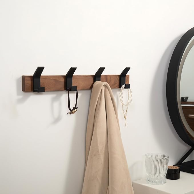 Coat Rack Wall Mount - 15.7 Inches Walnut Wood Coat Hooks Coat Rack Wall Mount with 4 Hooks Black Aluminum Coat Hooks for Hanging Coat Hat Bag Hat Rustproof Coat Hanger