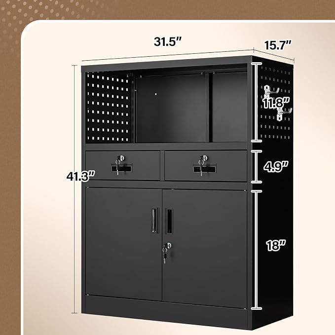 Storage Cabinet with Drawers, 41.3" Steel Lockable Storage Cabinets with Doors and Side Pegboard, Metal Cabinet for Garage, School, Home Office, Black
