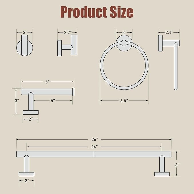 Luxbaro 24 Inch Brushed Gold Bathroom Accessories, Thicken, 5-Piece | Modern Towel Bar Set, Wall Mounted Towel Racks for Bathroom, Durable SUS304 Stainless Steel Bathroom Accessories Set
