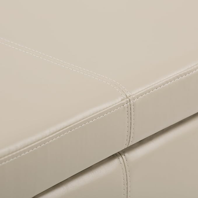 SIMPLIHOME Avalon Storage Ottoman Bench - 48" Wide x 16" High Upholstered Vegan Leather Rectangular Lift-Top Ottoman in Satin Cream, Contemporary Storage Bench for Living Room with High-Density Foam