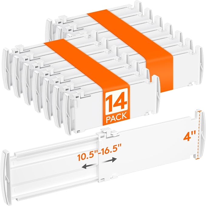 Lifewit 14 Pack Drawer Dividers for Clothes, 4" High 10.5"-16.5" Expandable Dresser Drawer Organizers, Adjustable White Plastic Separators for Kitchen, Cabinet, Nursery, Socks & Underwear Storage