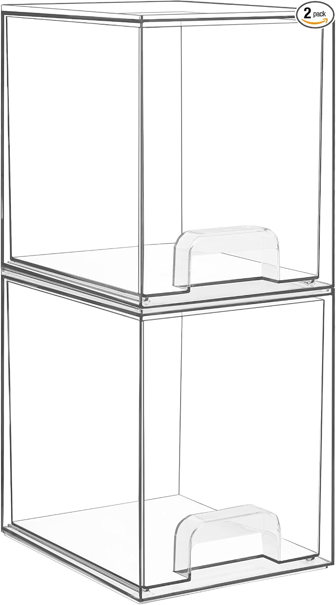 Vtopmart Clear Stackable Storage Drawers, 2 Pack Tall Plastic Organizers | Clear Pull-Out Drawers, Stackable Design for Skincare, Cosmetics, Beauty Supplies, Vanity, Bathroom, Cabinet and Countertop