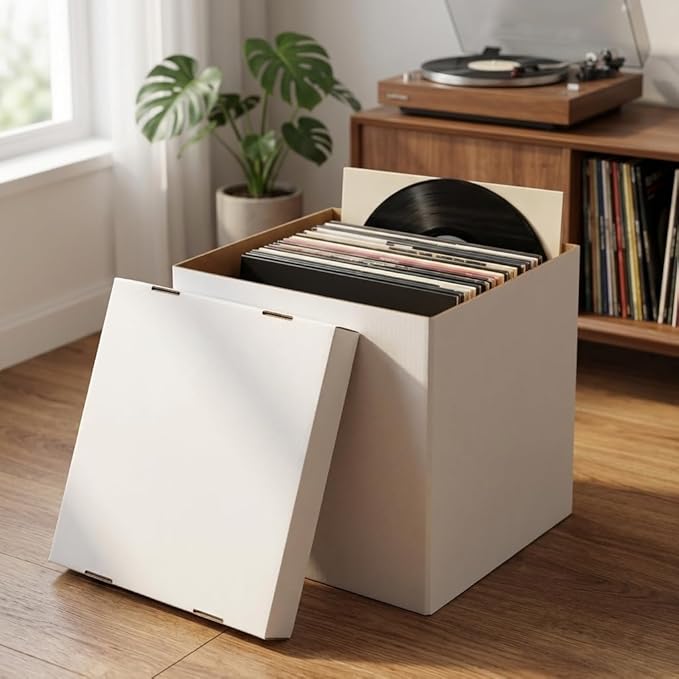 CRUGLA Vinyl Record Storage Boxes with Lids 7 Pack, 13 Inch Cube, Collapsible Corrugated Cardboard, Quick Fold Assembly with Pre-Applied Adhesive, Side Cut-Out Handles, Home Office Organizer, White