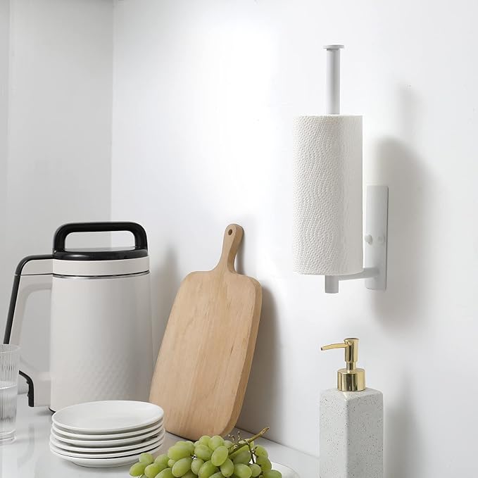 theaoo Under Cabinet Paper Towel Holder for Kitchen, Self-Adhesive, White | Wall Mounted Paper Towel Roll Rack for Bathroom or Kitchen, SUS304 Stainless Steel, Install with Adhesive or Screws