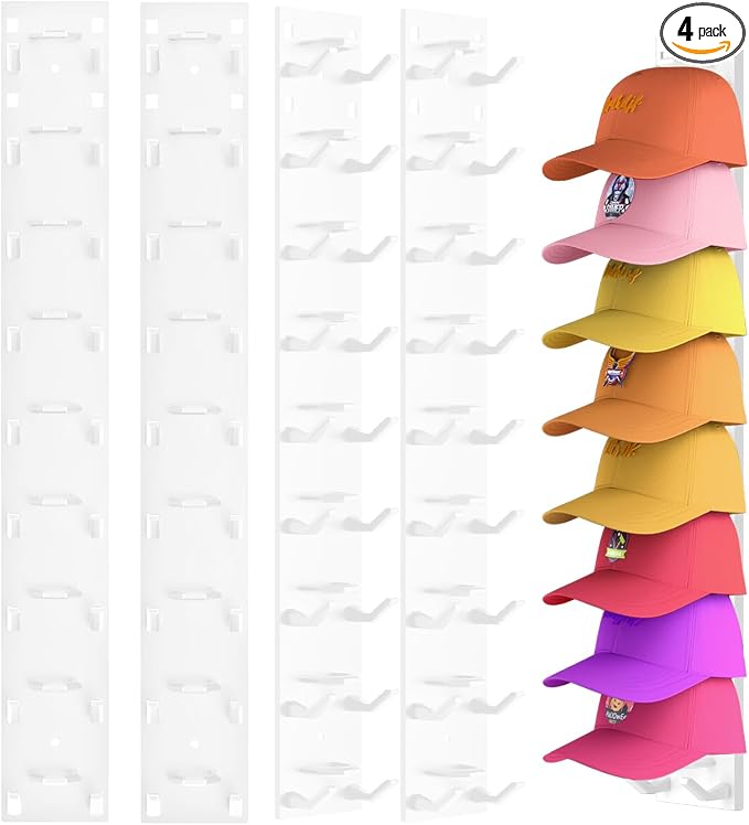 4 Pack Hat Organizer for Baseball Caps, Strong Adhesive Hat Rack for Wall, Multilayer Hat Storage Display Holder for Door Closet, Cap Organizer Storage Wall Mounted Hat Hooks Hold up to 36 Hat (White)