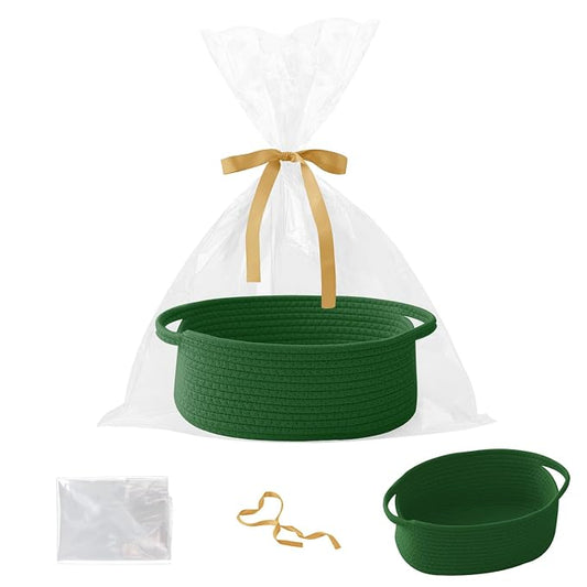 Woven Rope Basket - Baby Gift Basket with Bag & Ribbon, Green | Cotton rope with handle, 12 x 8 x 5 in, gift bag and ribbon, for baby shower, birthday, toy storage, nursery, shelf decor