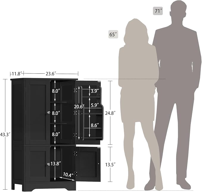 Storage Cabinet with 4 Doors, Kitchen Cabinet with 6 Door Shelves | Kitchen Pantry Cabinet with Adjustable Shelves, for Living Room, Dining Room, Bathroom, Black