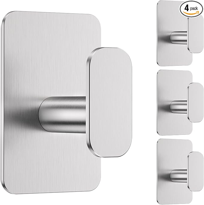 Large Heavy Duty Wall Hooks - 26lb Max, Stainless Steel Adhesive Towel Hooks for Hanging Towel, Coat, Robe, Hat, Sticky Towel Holder for Wall Mount in Bathroom, Shower, Kitchen(Silver, 4 Pack)