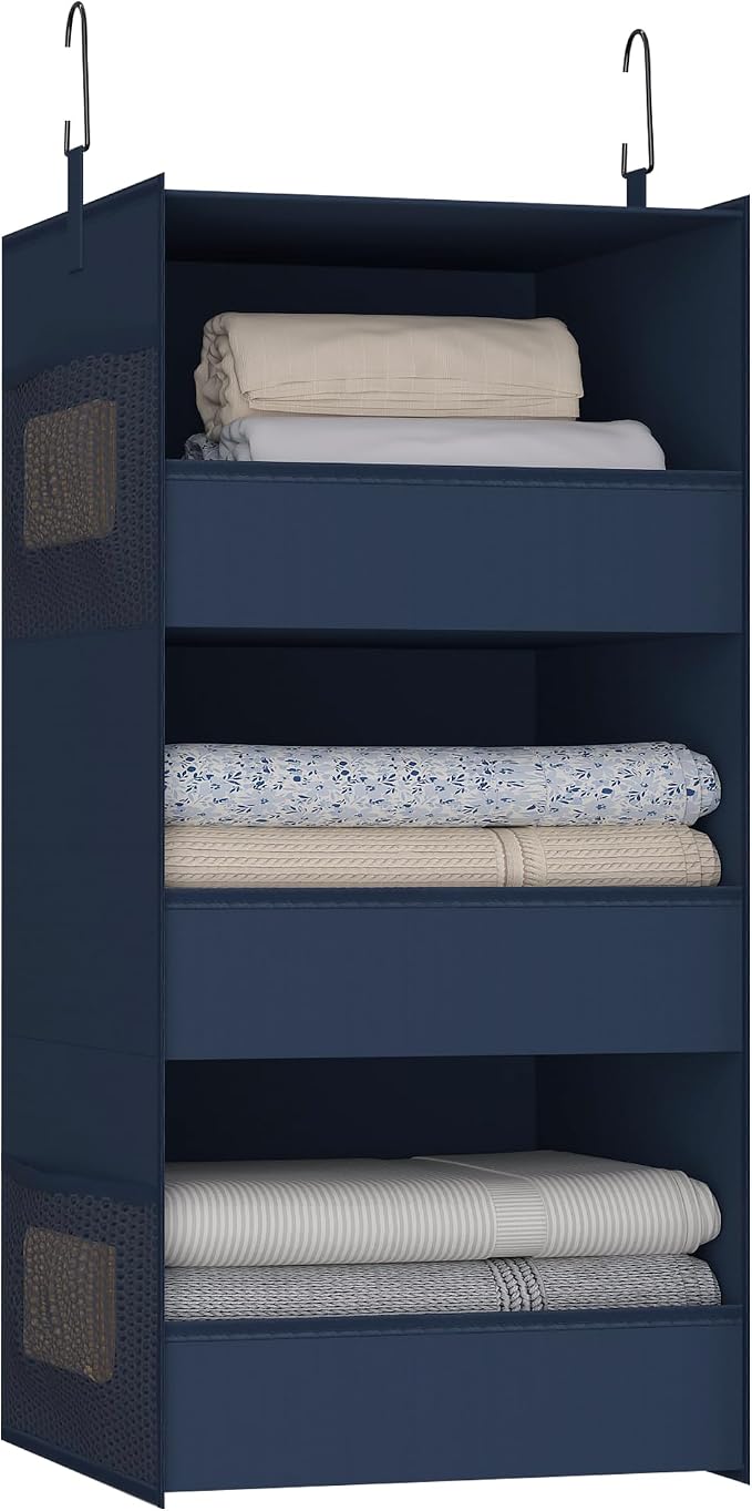 3-Shelf Hanging Closet Organizer and Storage, Foldable Hanging Closet Shelves Front Lip Design Washable Hanging Storage, Navy Blue