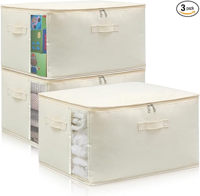 3 Pack Canvas Comforter & Blanket Storage Bags with Clear Window, Beige | Large Capacity, Cotton Linen Fabric, Reinforced Handles, Foldable Design for King Comforters, Clothes and Blankets Storage