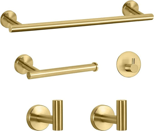 NearMoon Bathroom Hardware Set SUS 304 Thicken Stainless Steel-Towel Bar Set Include 16" Towel Rod, Toilet Paper Holder, Multifunctional Hooks Bathroom Accessories (Brushed Gold, 5 Pcs)