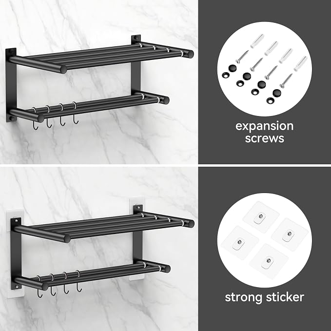 CAXIMSY Black Adjustable Black Towel Bar for Bathroom Wall Mount17-30.7inch Adhesive Shower Towel Rack Stainless Steel Bath Towel Holders for Toilet Kitchen Double Towel Hanger