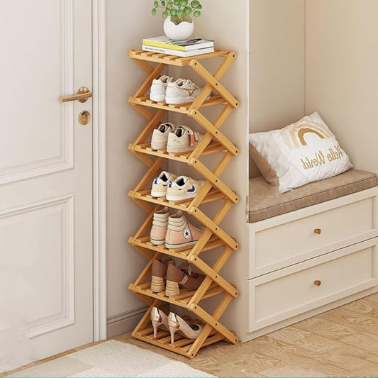 7 Tier Foldable Shoe Rack, Bamboo Vertical Shoe Organizer Tall for Multifunctional Narrow Shoe Shelf for Entryway, Closet, Corner, Bedroom, Hallway(Natural)
