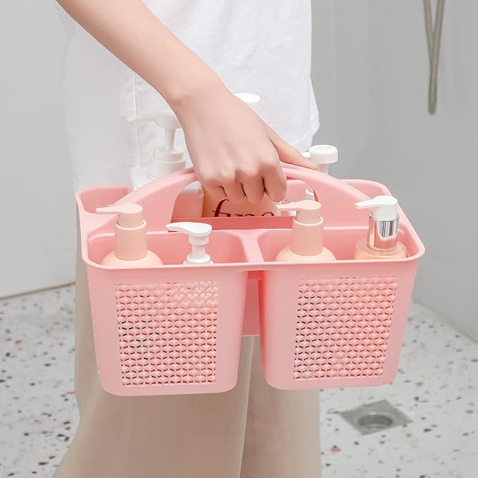 Plastic Portable Shower Caddy Basket with Handle, 3 Compartments, Pink | Storage Organizer with Drain Holes, Sturdy and Durable For Bathroom, Kitchen, College Dorm, Sink, Camping
