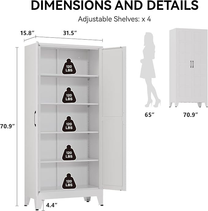 COFaR 71" White Farmhouse Pantry Cabinet with Doors and Adjustable Shelves | 5-tier kitchen pantry cabinet with square-panel doors and 4 adjustable shelves for laundry room, office or garage storage.