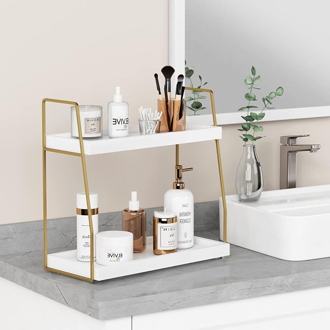 Forbena Bathroom Organizer Countertop, Counter Organizer for Bathroom Decor, Wooden Sink Shelf for Vanity Storage, Makeup Tray for Perfume Skincare Bedroom Kitchen Corner (2 Tier, White and Gold)